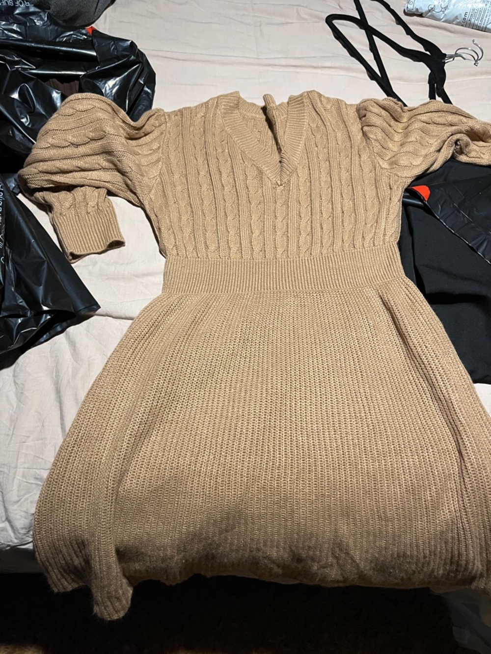 SHEIN Camel Cable-Knit V-Neck Long Sleeve Dress